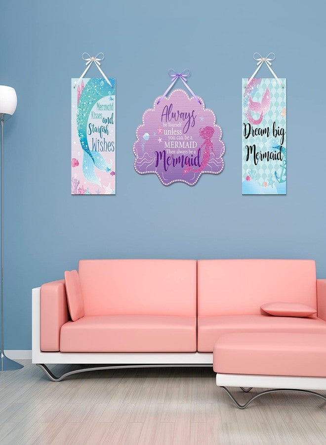 Queekay 3 Pcs Mermaid Room Decor Mermaid Wall Decor for Bathroom Bedroom Sea Life Wall Art Wooden Signs with Shell Welcome Door Hanger Summer Ocean Theme Seaside Decorations for Home - Image 5