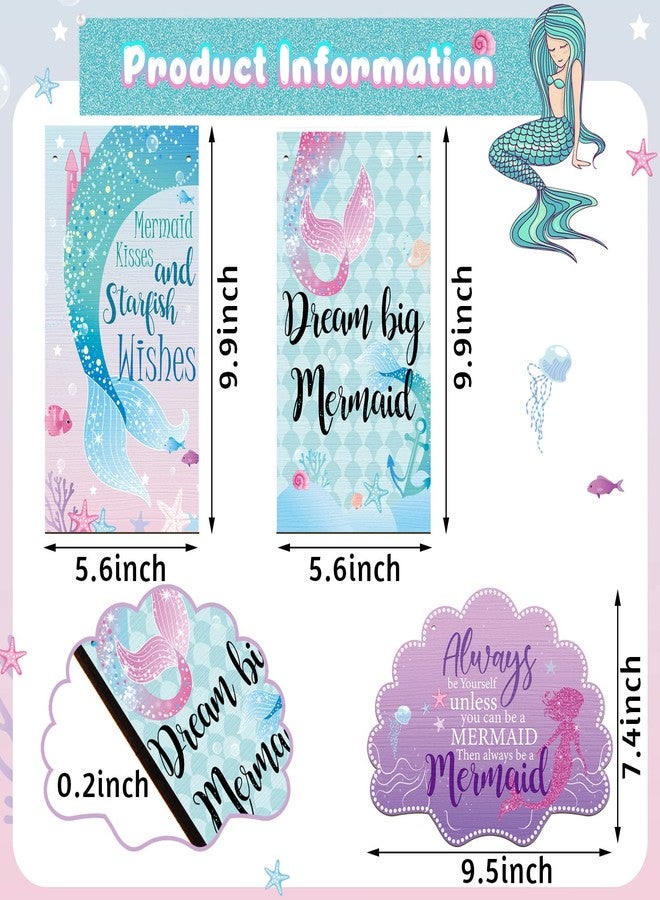 Queekay 3 Pcs Mermaid Room Decor Mermaid Wall Decor for Bathroom Bedroom Sea Life Wall Art Wooden Signs with Shell Welcome Door Hanger Summer Ocean Theme Seaside Decorations for Home - Image 2