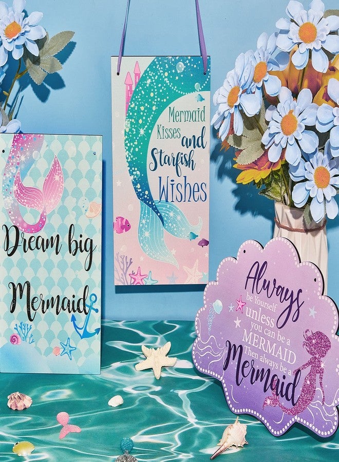 Queekay 3 Pcs Mermaid Room Decor Mermaid Wall Decor for Bathroom Bedroom Sea Life Wall Art Wooden Signs with Shell Welcome Door Hanger Summer Ocean Theme Seaside Decorations for Home - Image 4