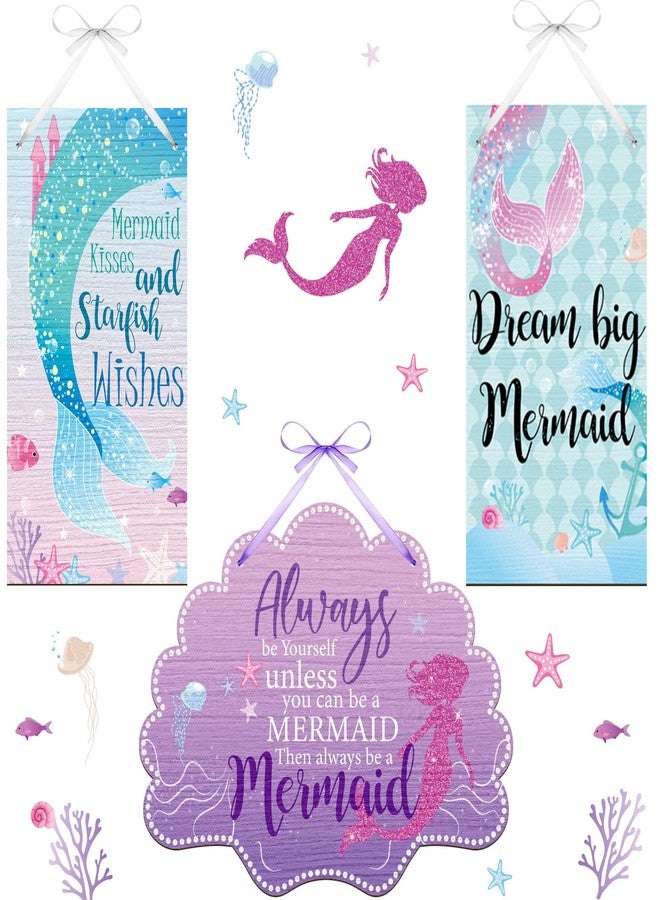 Queekay 3 Pcs Mermaid Room Decor Mermaid Wall Decor for Bathroom Bedroom Sea Life Wall Art Wooden Signs with Shell Welcome Door Hanger Summer Ocean Theme Seaside Decorations for Home - Image 1