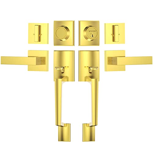 TICONN Double Front Door Handle Set, Heavy Duty Square Door Lever and Single Cylinder Deadbolt Combo for Side by Side Entrance Exterior Doors (Polished Brass) - Image 1
