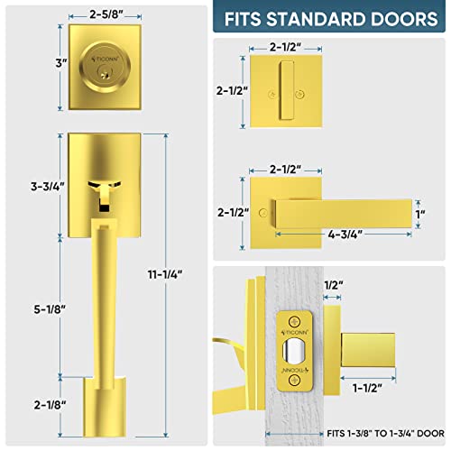 TICONN Double Front Door Handle Set, Heavy Duty Square Door Lever and Single Cylinder Deadbolt Combo for Side by Side Entrance Exterior Doors (Polished Brass) - Image 2