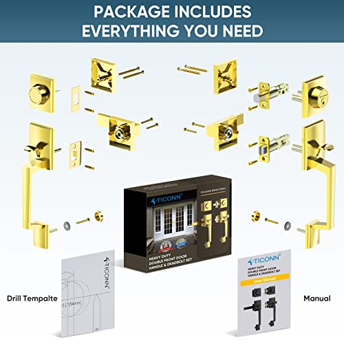 TICONN Double Front Door Handle Set, Heavy Duty Square Door Lever and Single Cylinder Deadbolt Combo for Side by Side Entrance Exterior Doors (Polished Brass) - Image 5