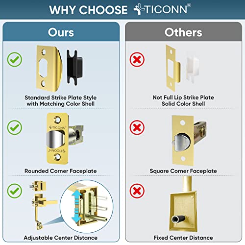 TICONN Double Front Door Handle Set, Heavy Duty Square Door Lever and Single Cylinder Deadbolt Combo for Side by Side Entrance Exterior Doors (Polished Brass) - Image 4