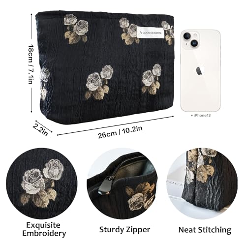 STARDW Aesthetic Floral Makeup Bag Cute Small Cosmetic Bags for Women Girls, Travel Toiletry Bag Large Capacity Zipper Makeup Pouch, Purse Organizer Pouches (Rose Vintage) - Image 3