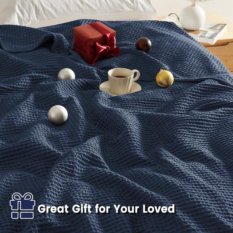 PHF Pre-Washed Cotton Waffle Weave Family Blanket,Oversized King Size 120"x 120"-Snag Proof Lightweight Breathable, 10'x 10' Huge Extra Large Big-Elegant Aesthetic Home Decoration Gift,Dark Navy - Image 4
