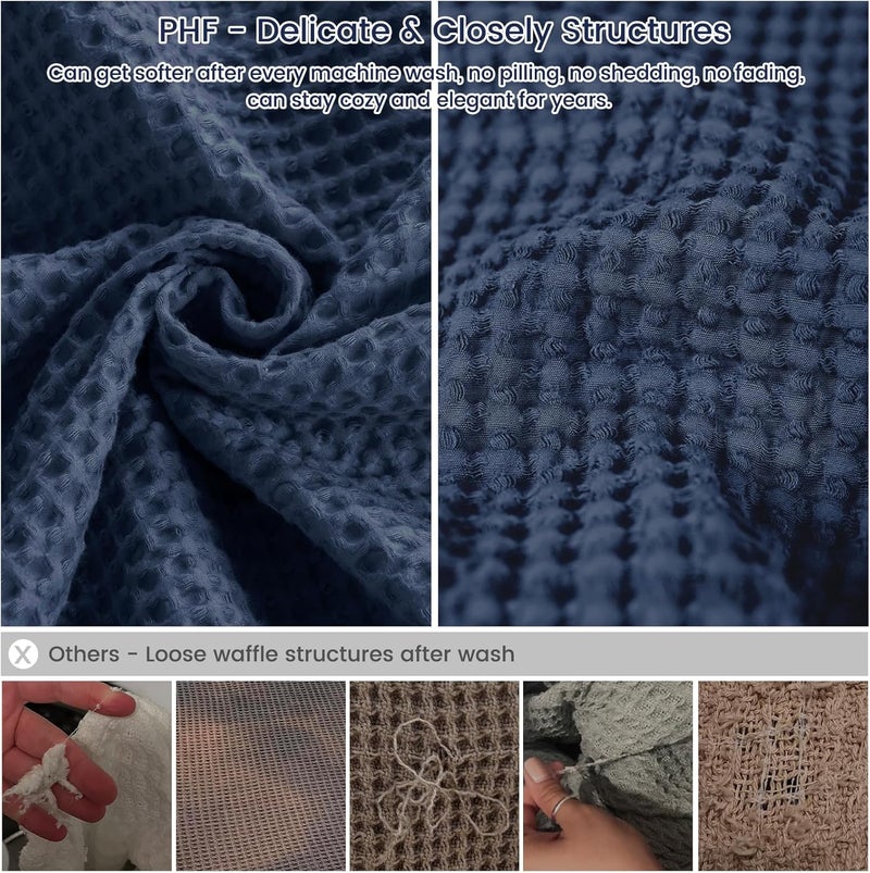 PHF Pre-Washed Cotton Waffle Weave Family Blanket,Oversized King Size 120"x 120"-Snag Proof Lightweight Breathable, 10'x 10' Huge Extra Large Big-Elegant Aesthetic Home Decoration Gift,Dark Navy - Image 5