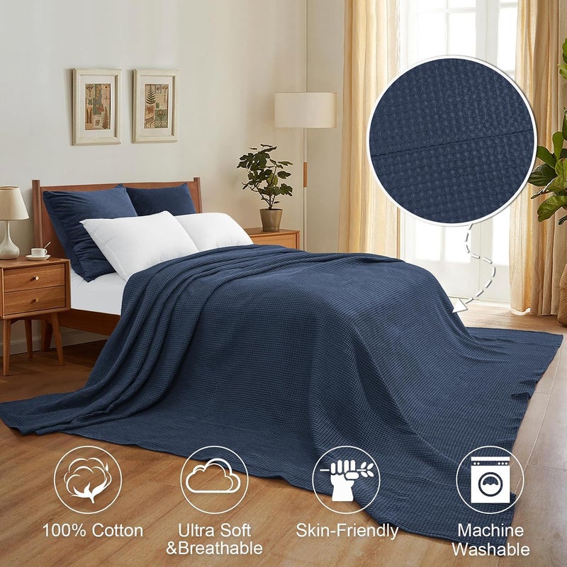 PHF Pre-Washed Cotton Waffle Weave Family Blanket,Oversized King Size 120"x 120"-Snag Proof Lightweight Breathable, 10'x 10' Huge Extra Large Big-Elegant Aesthetic Home Decoration Gift,Dark Navy - Image 2
