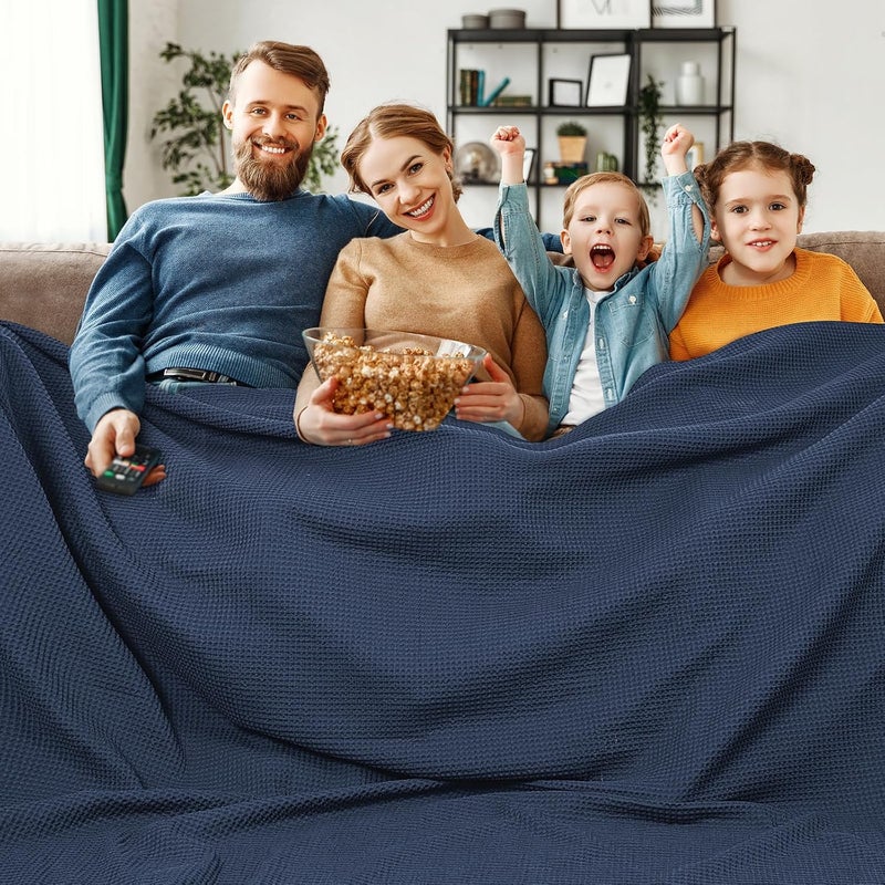 PHF Pre-Washed Cotton Waffle Weave Family Blanket,Oversized King Size 120"x 120"-Snag Proof Lightweight Breathable, 10'x 10' Huge Extra Large Big-Elegant Aesthetic Home Decoration Gift,Dark Navy - Image 1