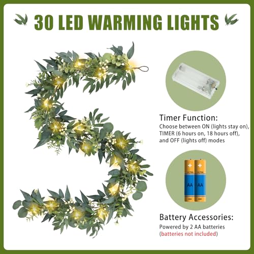 Artgar Eucalyptus Garland with Lights - 6 Ft Greenery Garland - Artificial Silver Dollar Olive Garlands, Spring/Summer Green Garlands for Indoor Outdoor Home Decor Wedding Arches Backdrops Table Decor - Image 3