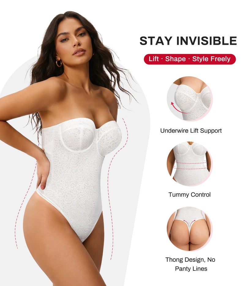 Nebility Strapless Shapewear for Women - Thong Bodysuit Tummy Control Lace Corset Tops Underwire with Removable Strap - Image 5