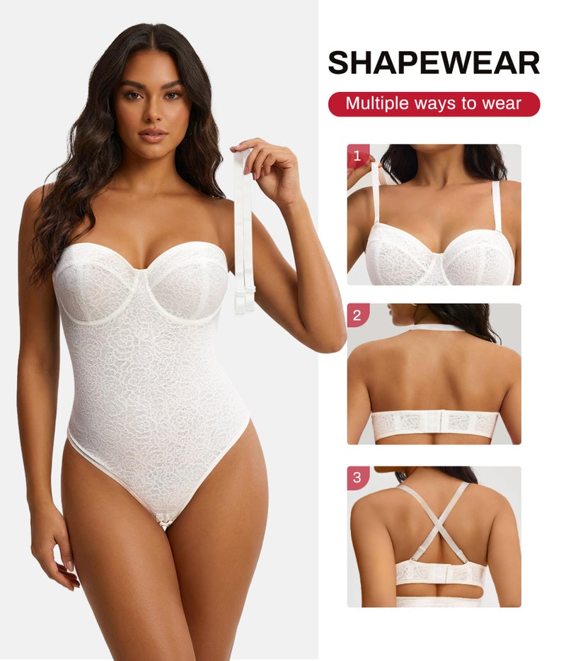 Nebility Strapless Shapewear for Women - Thong Bodysuit Tummy Control Lace Corset Tops Underwire with Removable Strap - Image 4