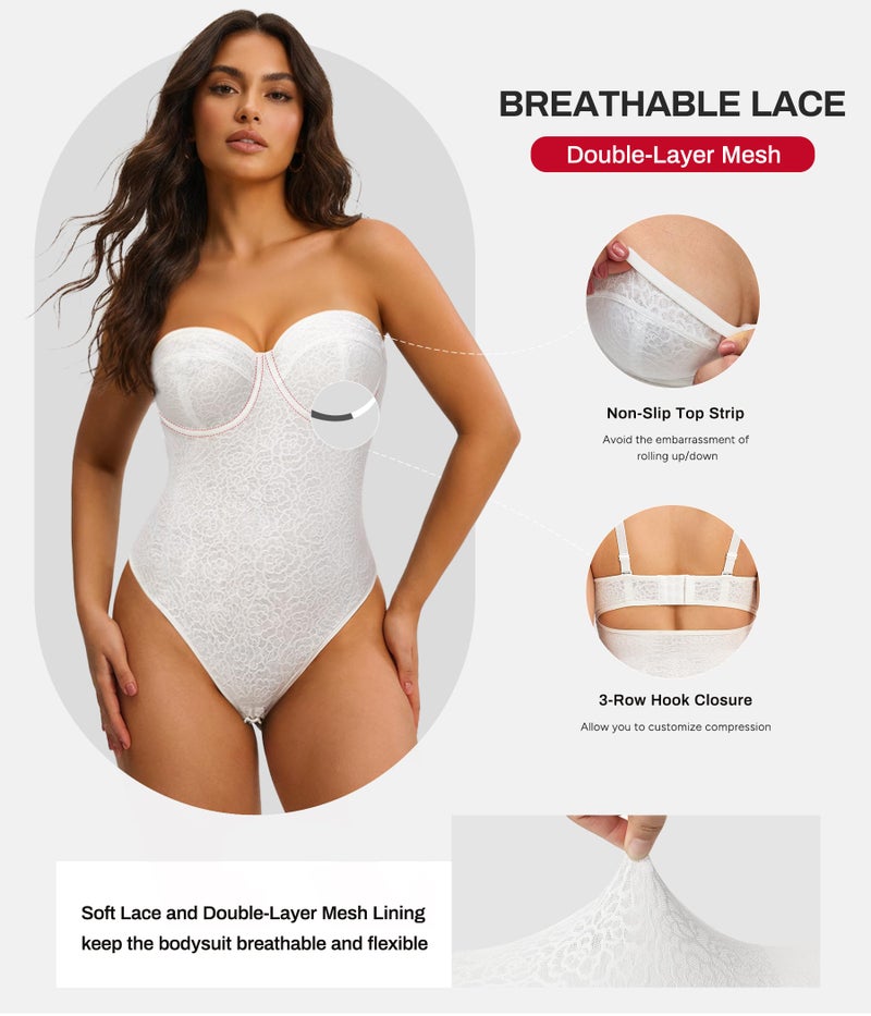 Nebility Strapless Shapewear for Women - Thong Bodysuit Tummy Control Lace Corset Tops Underwire with Removable Strap - Image 2