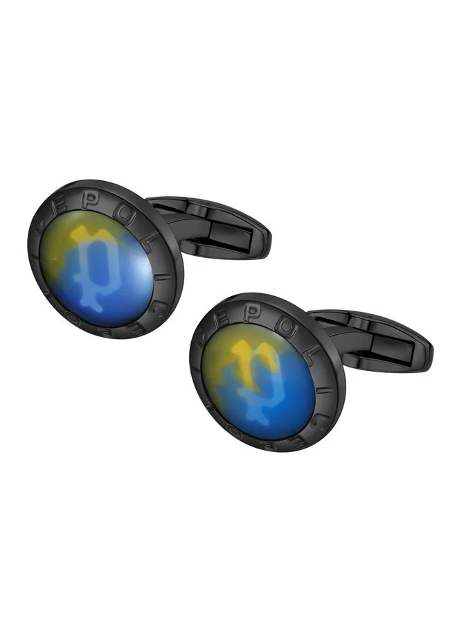 POLICE Unroll Black Stainless Steel Blue Orange lens Cufflink for Men
