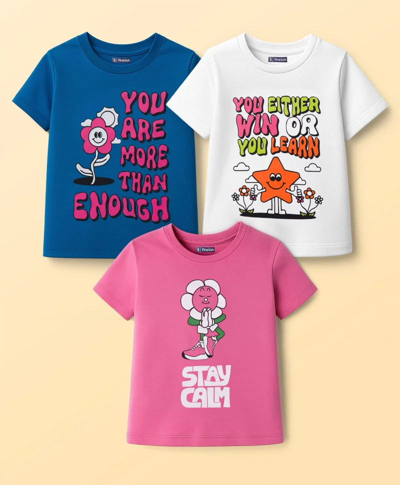 Pine Kids Pine Kids Cotton Knit Half Sleeves T-Shirts with Text Graphic Pack of 3 - Navy Blue Pink & White