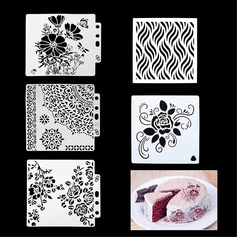 FVVMEED 5 Pieces Cookie Stencils Cake Decorating Stencil Reusable Plastic Painting Templates Powdered, Baking Molds for Children Creation DIY Craft Wedding Birthday Party Scrapbooking Drawing - Image 1