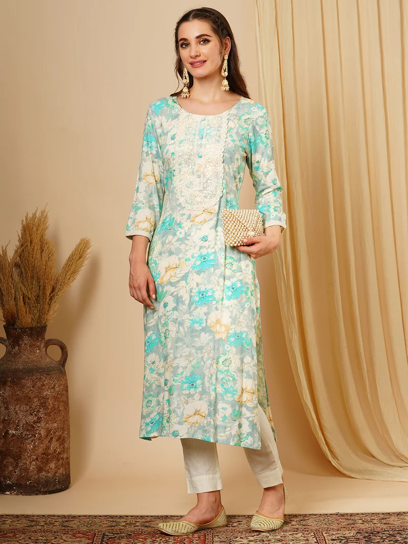 globus Globus Women Green Floral Printed Sequinned Straight Kurta