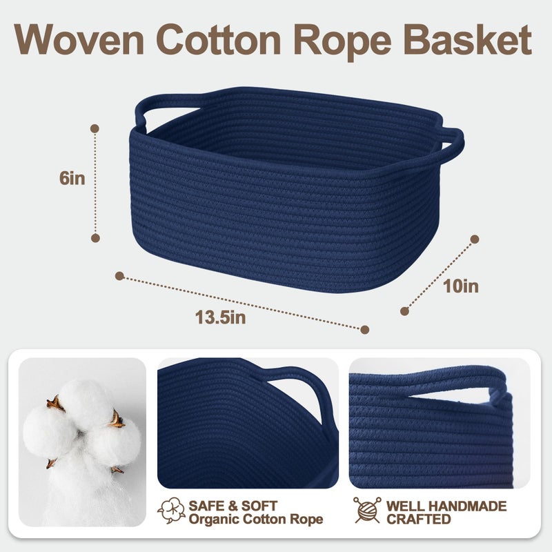 WILLITAT Cute Blue Woven Basket, Empty Gift Basket for Christmas, Thanksgiving, Easter, Birthday, Cotton Rope Storage Bin with Handle for Gift, Dog Toy Box, Baby Nursery Organizer, Dark Blue Decor - Image 2