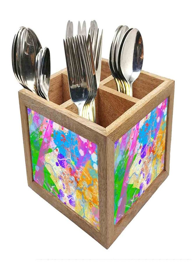 Nutcase Wooden Cutlery Stand Holder Silverware Caddy Spoons Forks Knives Organizer for Dining Table & Kitchen -Made in India-Spoons NOT Included - Watercolor Pink and Yellow - Image 1