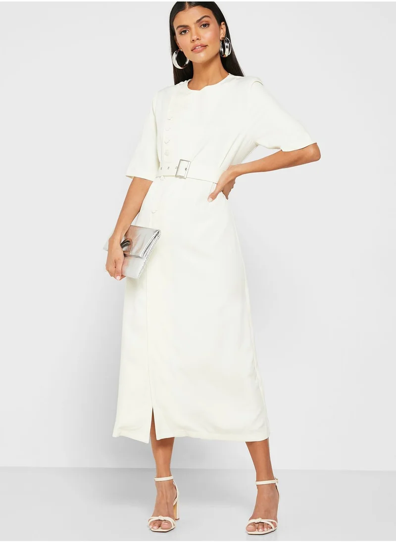 ELLA Wrap Front Button Belted Midi Dress
