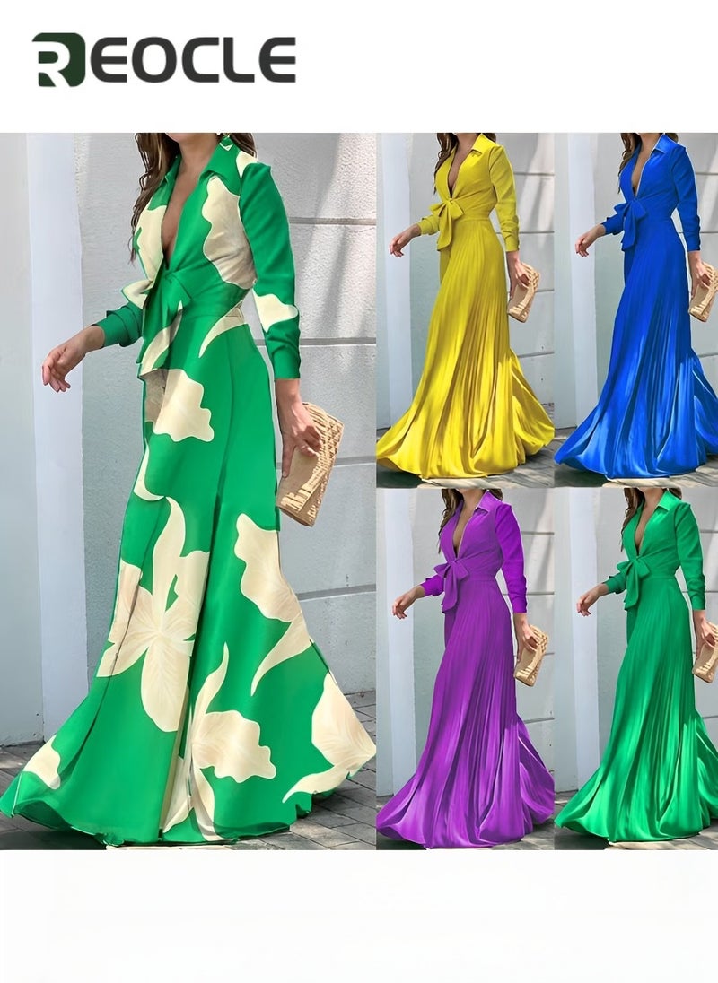 Fashionable V-neck Long-sleeved Lapel Printed Loose Wide-leg Jumpsuit for Women With Waist Design and Wide Swing Modify The Leg Shape
