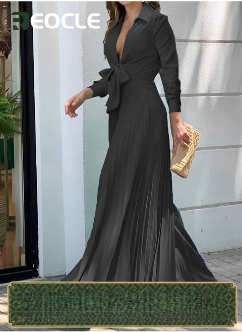 Fashionable V-neck Long-sleeved Lapel Printed Loose Wide-leg Jumpsuit for Women With Waist Design and Wide Swing Modify The Leg Shape