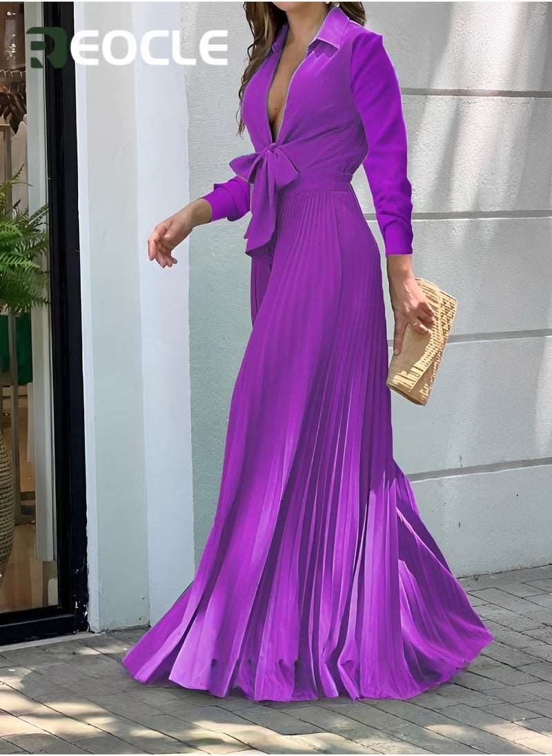Fashionable V-neck Long-sleeved Lapel Printed Loose Wide-leg Jumpsuit for Women With Waist Design and Wide Swing Modify The Leg Shape