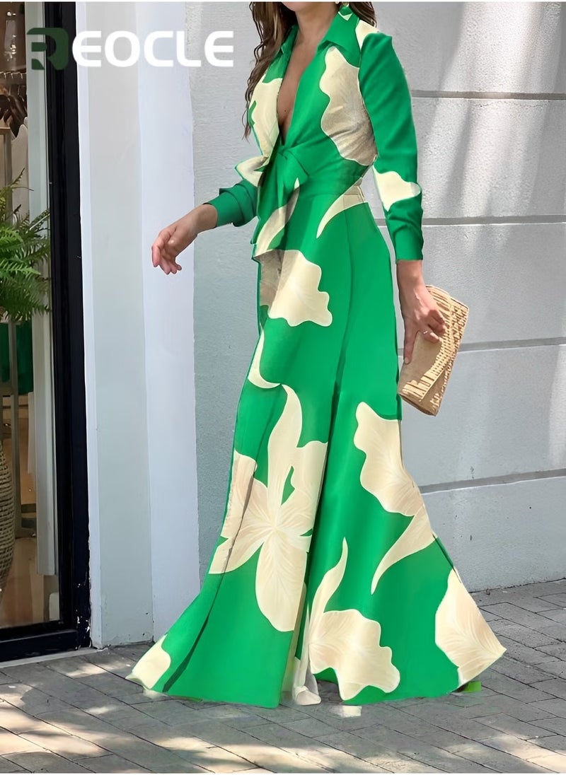 Fashionable V-neck Long-sleeved Lapel Printed Loose Wide-leg Jumpsuit for Women With Waist Design and Wide Swing Modify The Leg Shape