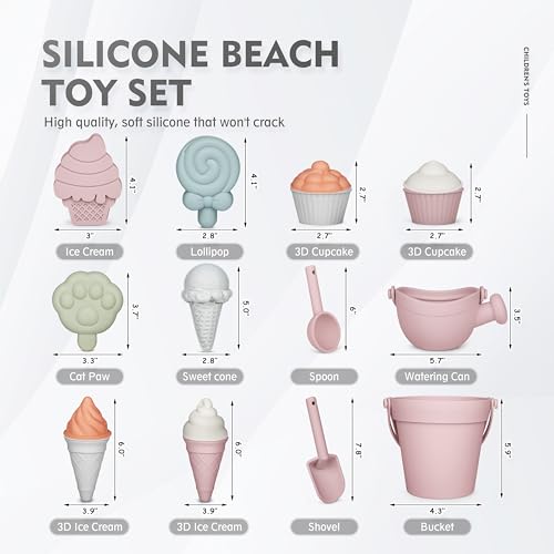 MarcZero 17Pcs Silicone Beach Toys,Modern Baby Beach Toys,Travel Friendly Beach Set,Silicone Bucket, Watering Can, Shovel, 12 Sand Molds, Beach Bag,Silicone Sand Toys for Toddlers, Kids (Pink) - Image 2