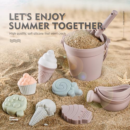 MarcZero 17Pcs Silicone Beach Toys,Modern Baby Beach Toys,Travel Friendly Beach Set,Silicone Bucket, Watering Can, Shovel, 12 Sand Molds, Beach Bag,Silicone Sand Toys for Toddlers, Kids (Pink) - Image 3
