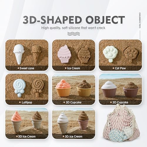 MarcZero 17Pcs Silicone Beach Toys,Modern Baby Beach Toys,Travel Friendly Beach Set,Silicone Bucket, Watering Can, Shovel, 12 Sand Molds, Beach Bag,Silicone Sand Toys for Toddlers, Kids (Pink) - Image 5