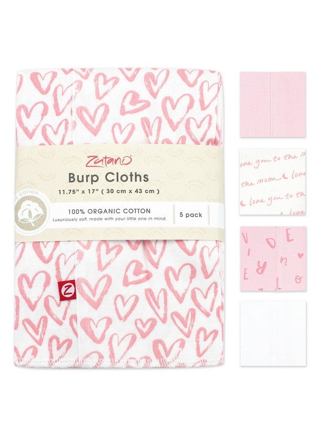 Zutano 5-Pack Organic Burp Cloths for Baby Girl & Boy, Large Cotton Burping Cloths for Babies | Absorbent Baby Spit-Up Rags | Gender Neutral Burp Clothes | Newborn Essentials, Pink Hearts - Image 1