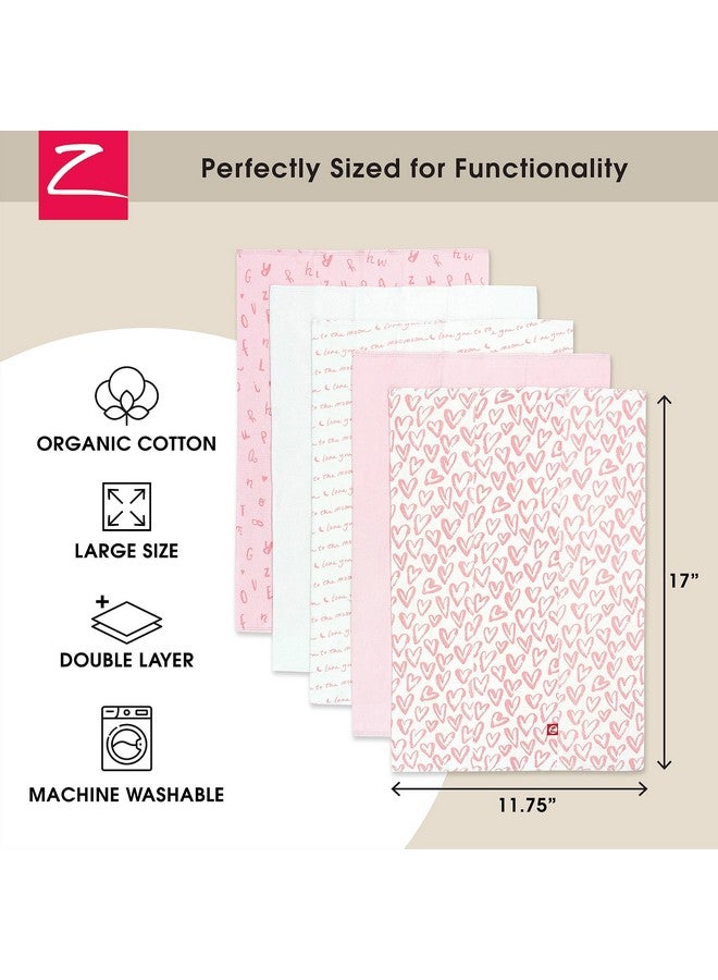 Zutano 5-Pack Organic Burp Cloths for Baby Girl & Boy, Large Cotton Burping Cloths for Babies | Absorbent Baby Spit-Up Rags | Gender Neutral Burp Clothes | Newborn Essentials, Pink Hearts - Image 2