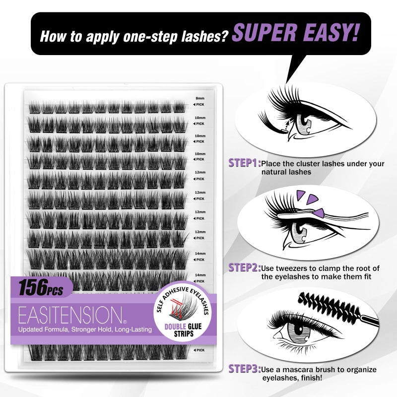 EASITENSION Self Adhesive Eyelashes Upgraded 156 PCS EASITENSION Clusters Kit Lash Clusters DIY Eyelashes Pre Glued No Glue Needed No Remover No residue, Black - Image 4