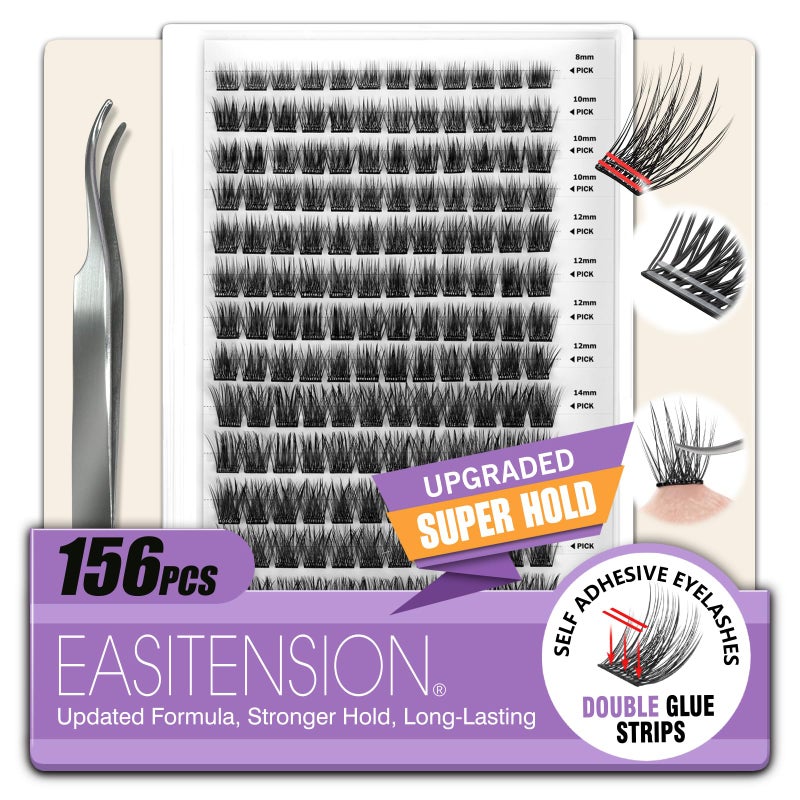 EASITENSION Self Adhesive Eyelashes Upgraded 156 PCS EASITENSION Clusters Kit Lash Clusters DIY Eyelashes Pre Glued No Glue Needed No Remover No residue, Black - Image 1