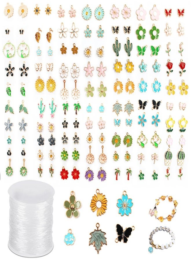 lyfLux 140-Piece Floral Jewelry Making Kit - Gold Enamel Charms Pendants with 80m Elastic Cord for DIY Bracelets, Necklaces, Earrings - Spring Flower, Daisy, Butterfly, Rose, Cactus Charms - Gift for Women - Image 1
