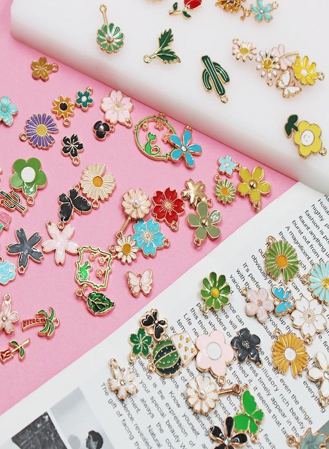 lyfLux 140-Piece Floral Jewelry Making Kit - Gold Enamel Charms Pendants with 80m Elastic Cord for DIY Bracelets, Necklaces, Earrings - Spring Flower, Daisy, Butterfly, Rose, Cactus Charms - Gift for Women - Image 2