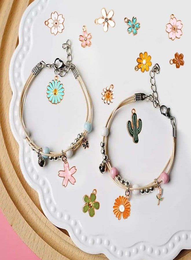 lyfLux 140-Piece Floral Jewelry Making Kit - Gold Enamel Charms Pendants with 80m Elastic Cord for DIY Bracelets, Necklaces, Earrings - Spring Flower, Daisy, Butterfly, Rose, Cactus Charms - Gift for Women - Image 4