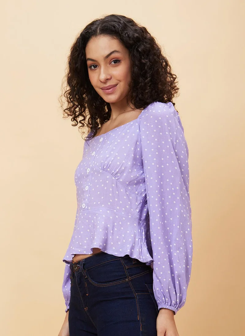 globus Globus Women Lavender Polka Dots Printed Sweetheart Gathered Detailed Regular Top