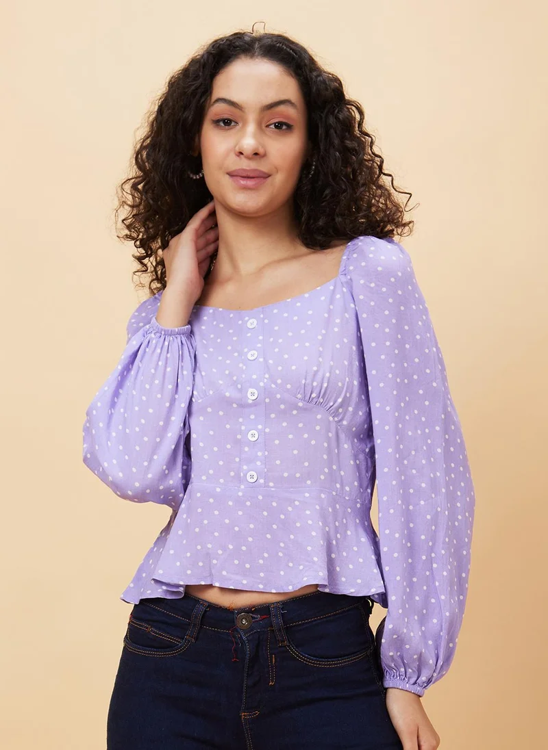 globus Globus Women Lavender Polka Dots Printed Sweetheart Gathered Detailed Regular Top