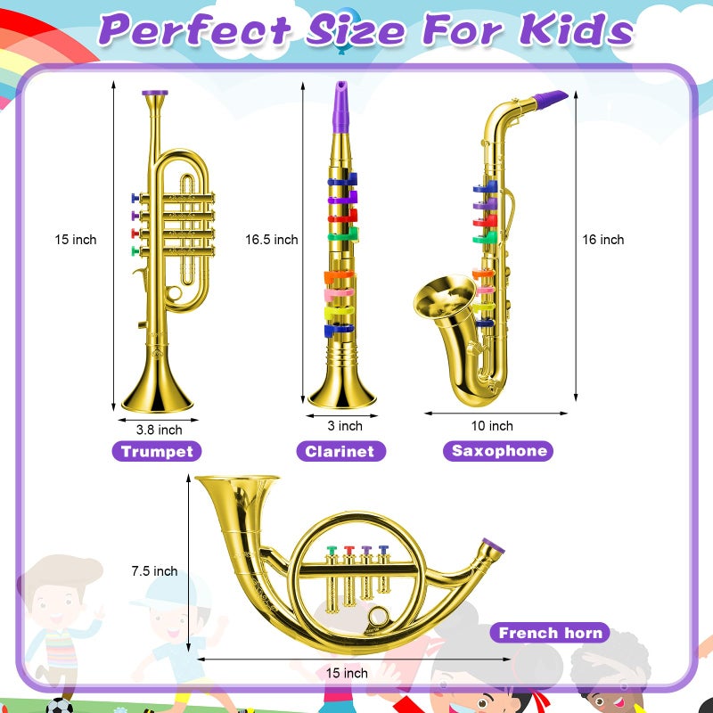 Treela Set of 4 Musical Instruments for Kids Toy Clarinet Saxophone Trumpet and Horn Set for Beginners with Over 10 Color Coded Keys Christmas Educational Musical Gifts for Children ToddlersGold - Image 3
