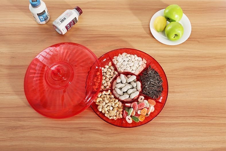 FEELING MALL Acrylic Candy Dishes Dry Fruit Tray with lid Multifunctional Party Snack Tray for FruitsNuts CandiesCrackersVeggie 6 Compartment Round Appetizer Platter - Image 1