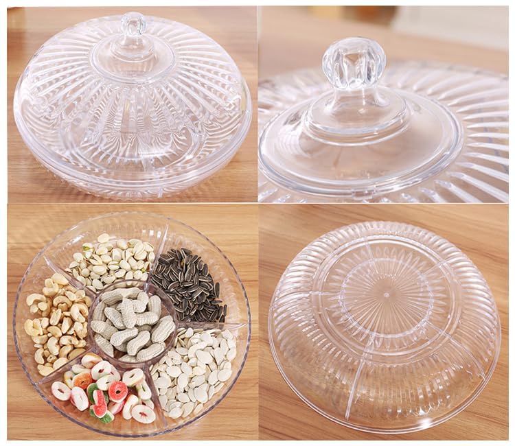 FEELING MALL Acrylic Candy Dishes Dry Fruit Tray with lid Multifunctional Party Snack Tray for FruitsNuts CandiesCrackersVeggie 6 Compartment Round Appetizer Platter - Image 4