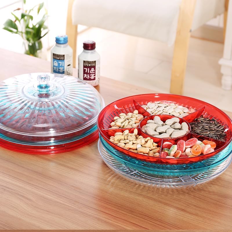 FEELING MALL Acrylic Candy Dishes Dry Fruit Tray with lid Multifunctional Party Snack Tray for FruitsNuts CandiesCrackersVeggie 6 Compartment Round Appetizer Platter - Image 5
