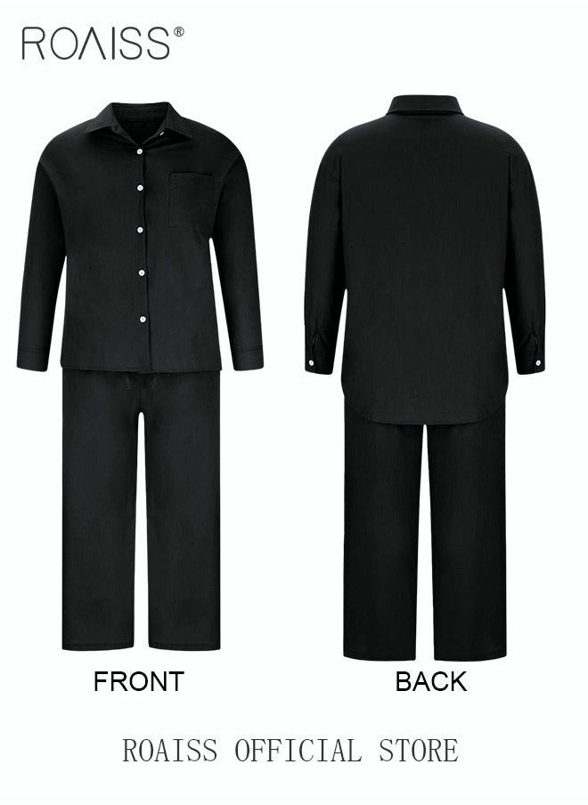 roaiss - Ladies 2 Piece Set New Trend Fashion Classic Solid Color Cotton Linen Shirt Suit Summer Spring Plus Size Clothes for Women Breathable and Cool Long-Sleeve Lapel Shirt Loose Pants - Image 1