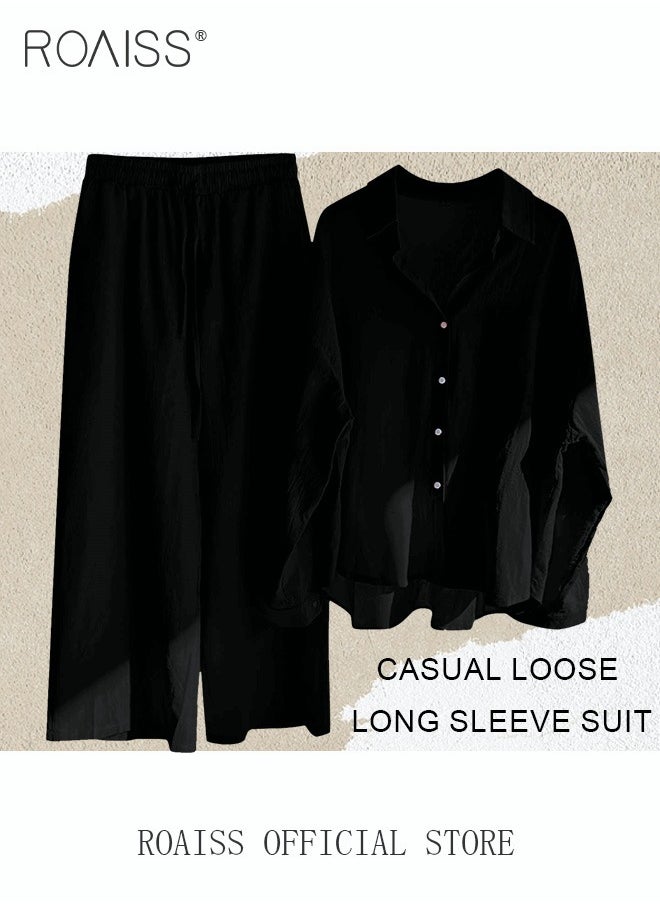 roaiss - Ladies 2 Piece Set New Trend Fashion Classic Solid Color Cotton Linen Shirt Suit Summer Spring Plus Size Clothes for Women Breathable and Cool Long-Sleeve Lapel Shirt Loose Pants - Image 1