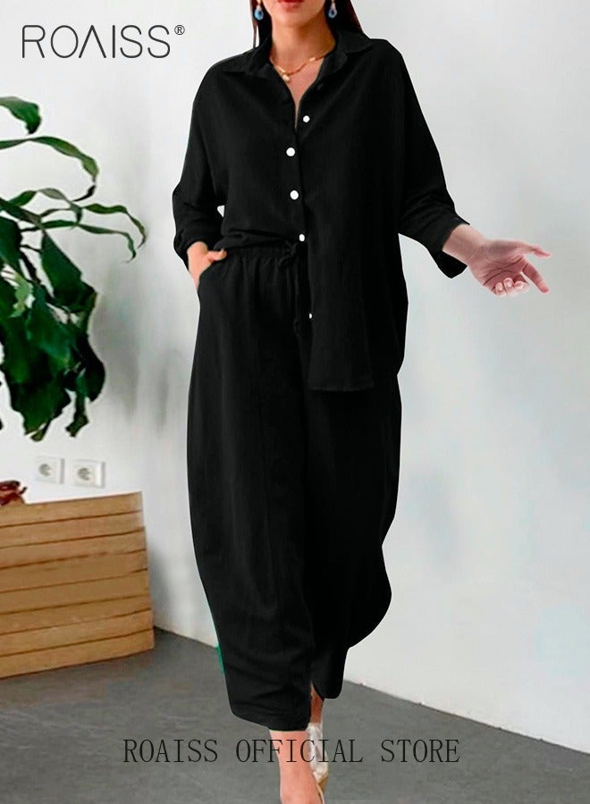 roaiss Ladies 2 Piece Set New Trend Fashion Classic Solid Color Cotton Linen Shirt Suit Summer Spring Plus Size Clothes for Women Breathable and Cool Long-Sleeve Lapel Shirt Loose Pants - Image 1