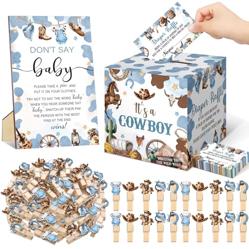 Cinnvoice 102 Pcs Cowboy Diaper Raffle Tickets with Box Baby Shower Games Blue Little Cowboy Diaper Raffle Cards Box Cute Clothespin Baby Shower Decorations for Gender Reveal Party Game Supplies - Image 1