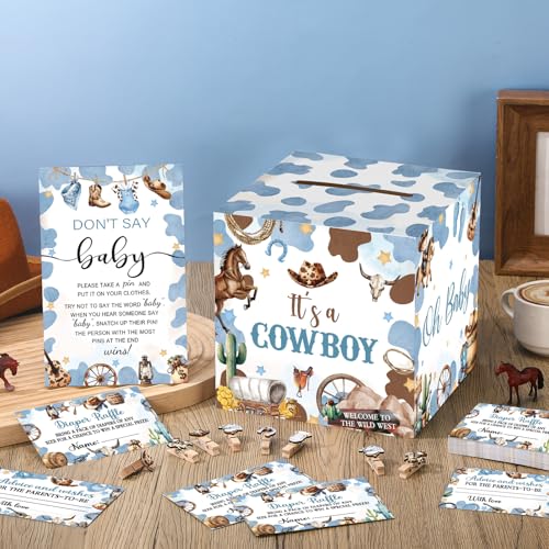 Cinnvoice 102 Pcs Cowboy Diaper Raffle Tickets with Box Baby Shower Games Blue Little Cowboy Diaper Raffle Cards Box Cute Clothespin Baby Shower Decorations for Gender Reveal Party Game Supplies - Image 3