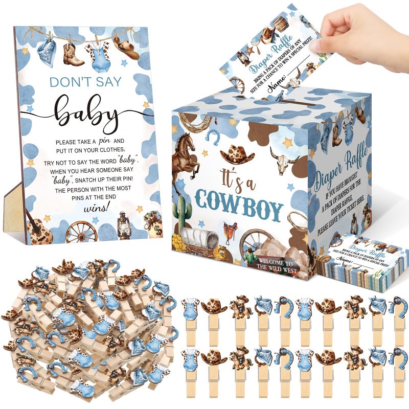 Cinnvoice 102 Pcs Cowboy Diaper Raffle Tickets with Box Baby Shower Games Blue Little Cowboy Diaper Raffle Cards Box Cute Clothespin Baby Shower Decorations for Gender Reveal Party Game Supplies - Image 2